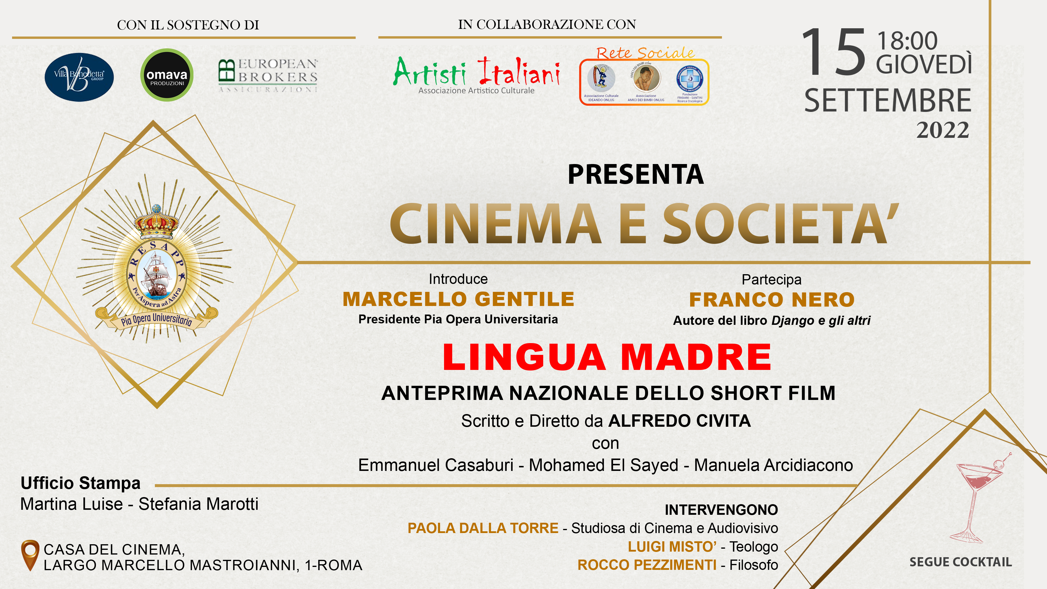European Brokers sponsor dell’evento alla Casa del Cinema “CINEMA E SOCIETA’”